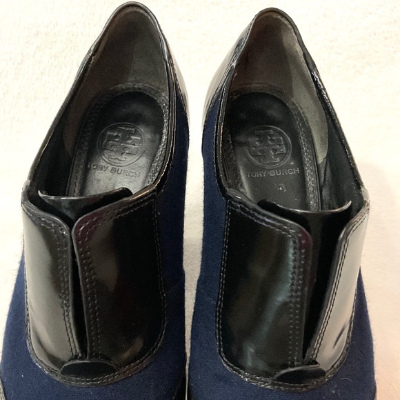 Black/Blue Leather Pull On Tory Burch Leighton Chunky Block Heel Booties Sz 7.5M - Picture 8 of 16